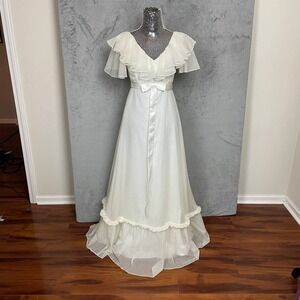 Vintage‎ 70s Cream Prairie Maxi Dress Small Ruffle Bow Cottagecore Bridal Gown